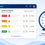 Panel de mesa de ayuda con tickets por prioridad y un cronómetro que mide el tiempo de respuesta del SLA de soporte TI