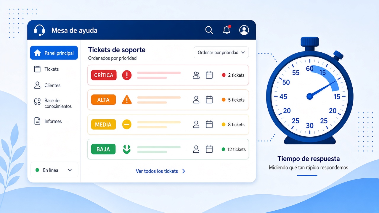 Panel de mesa de ayuda con tickets por prioridad y un cronómetro que mide el tiempo de respuesta del SLA de soporte TI